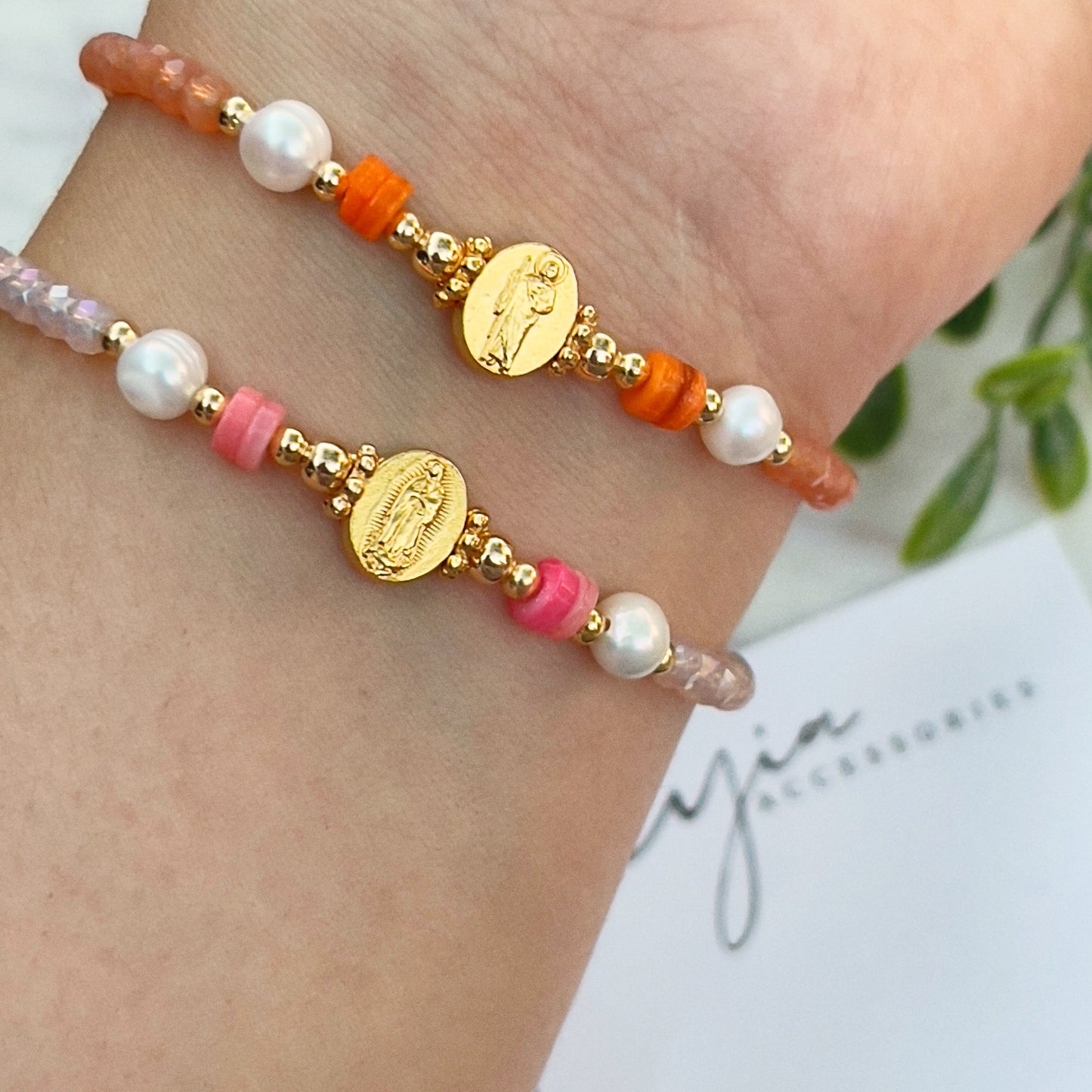Virgencita/ San Judas pearl bracelet