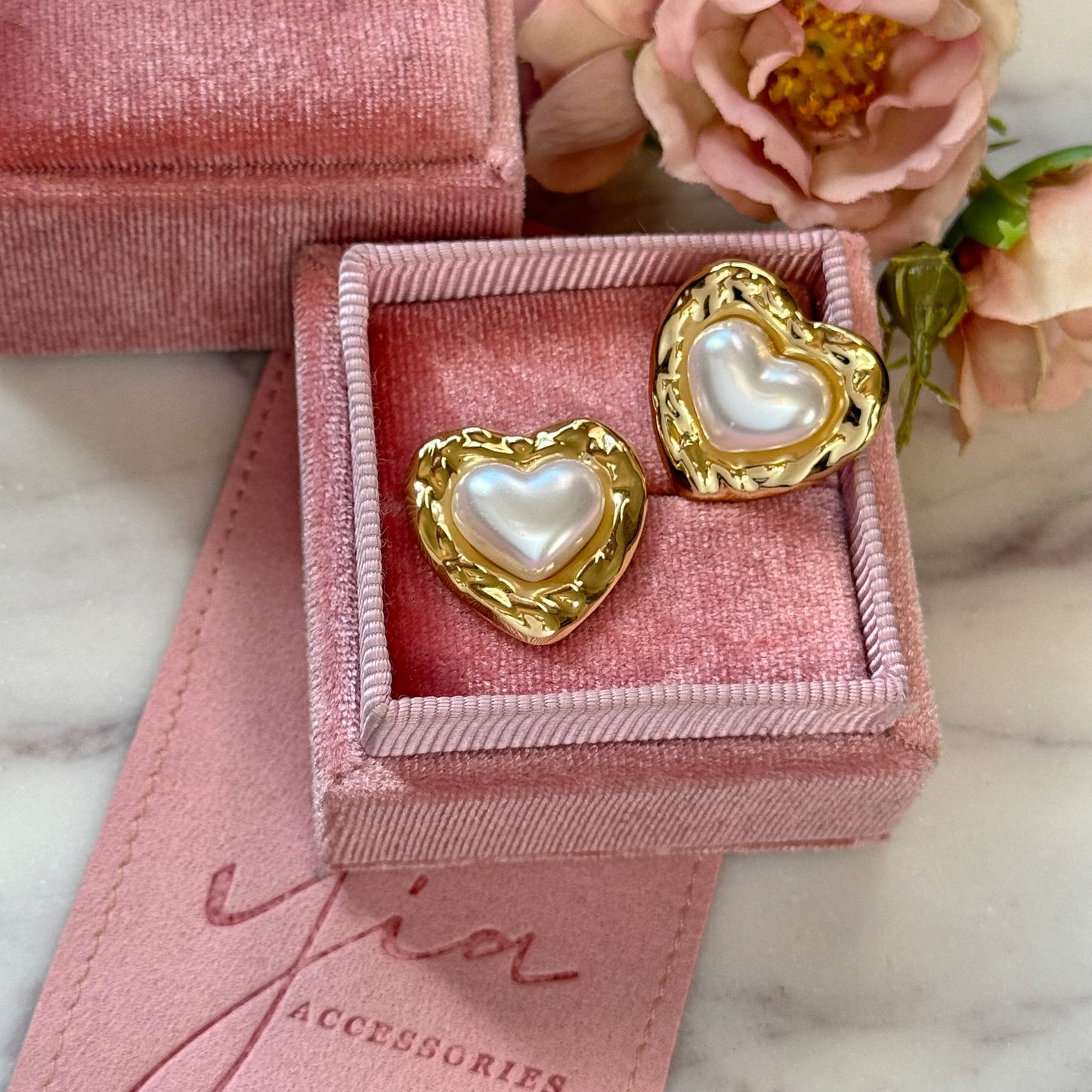 Vintage Heart Pearl Stud Earrings