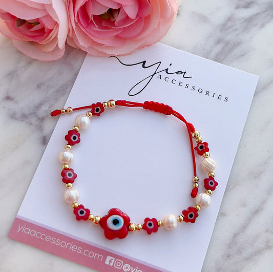 Red Evil Eye Flower pearl bracelet