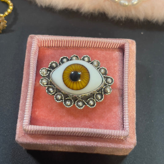 925 Silver large Glass brown Evil Eye ring