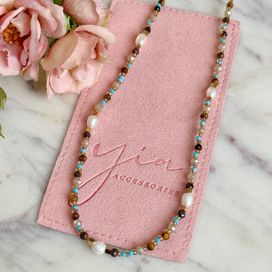 Turquoise Tiger eye Pearl choker