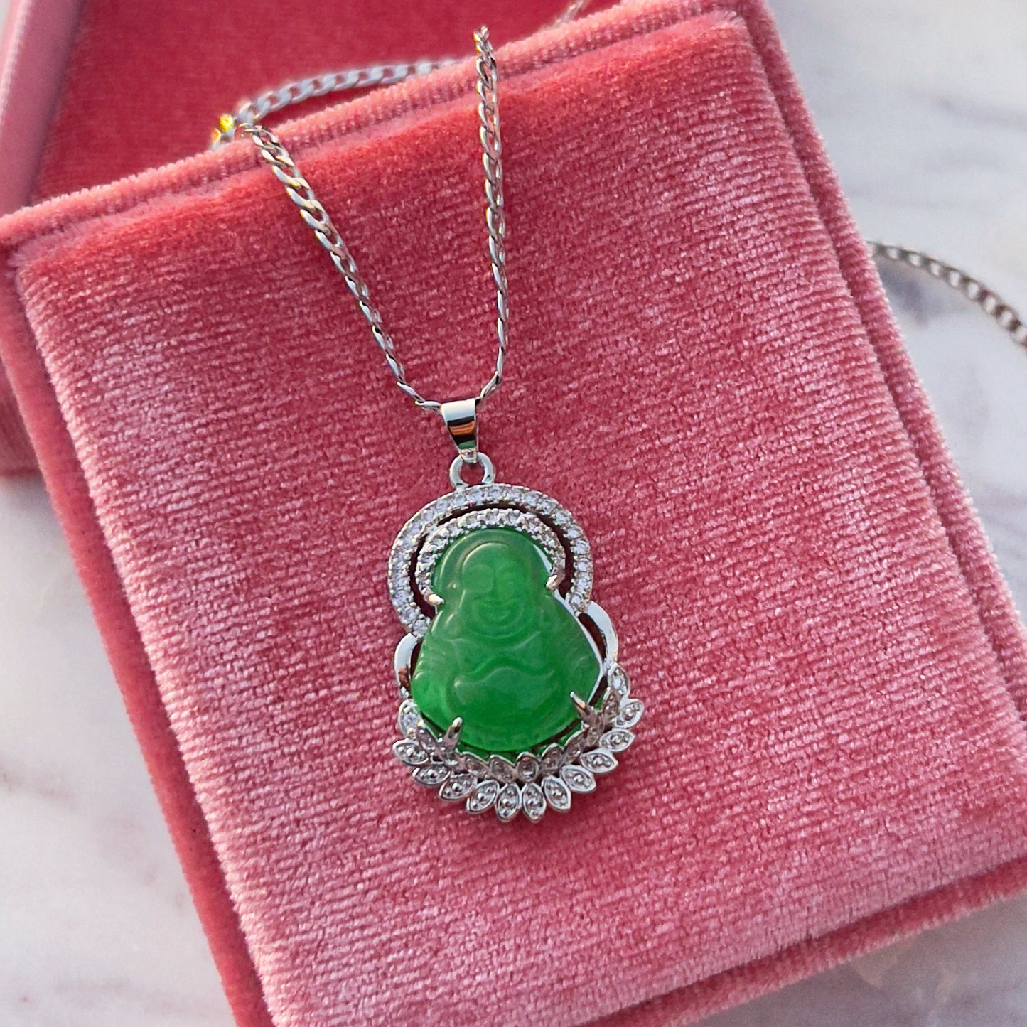 Silver Green Jade Buddha Necklace